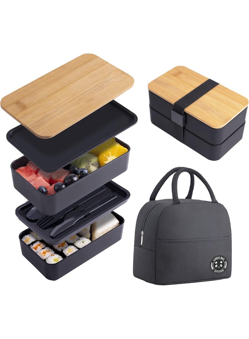 FALAHOM صندوق غداء بالغين FALAHOM Bento Box، طقم صناديق غداء يابانية من الخيزران قابلة للتكديس مع مقصورات وأغطية مانعة للتسرب وفواصل، يشمل حقيبة غداء ومجموعة أدوات مدمجة وخالية من مادة BPA - Image 1