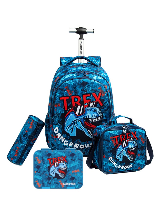 Eazy Kids 18 Inch Set Of 4 Trolley School Bag With Bento Lunch Box, Lunch Bag And Pencil Case - TREX Dinosaur - Blue - Image 1