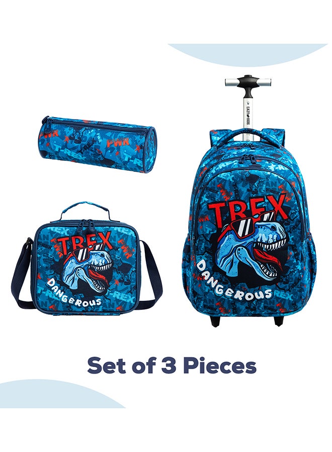 Eazy Kids 18 Inch Set Of 4 Trolley School Bag With Bento Lunch Box, Lunch Bag And Pencil Case - TREX Dinosaur - Blue - Image 3