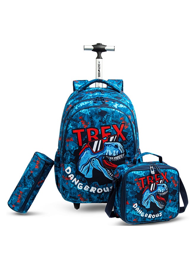 Eazy Kids 18 Inch Set Of 4 Trolley School Bag With Bento Lunch Box, Lunch Bag And Pencil Case - TREX Dinosaur - Blue - Image 2