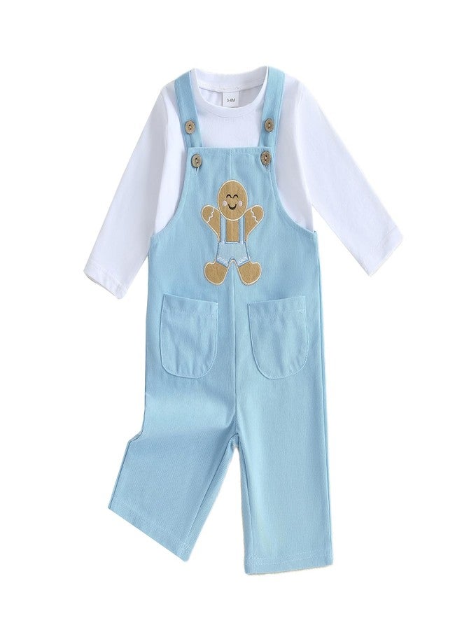 BULINGNA Baby Girl Boy Christmas Outfit Set Long Sleeve T-shirt Blouse Gingerbread Man Suspender Pants Overalls Xmas Clothes (Blue, 12-18 Months) - Image 1