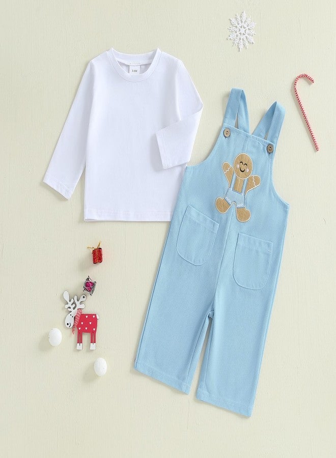 BULINGNA Baby Girl Boy Christmas Outfit Set Long Sleeve T-shirt Blouse Gingerbread Man Suspender Pants Overalls Xmas Clothes (Blue, 12-18 Months) - Image 3