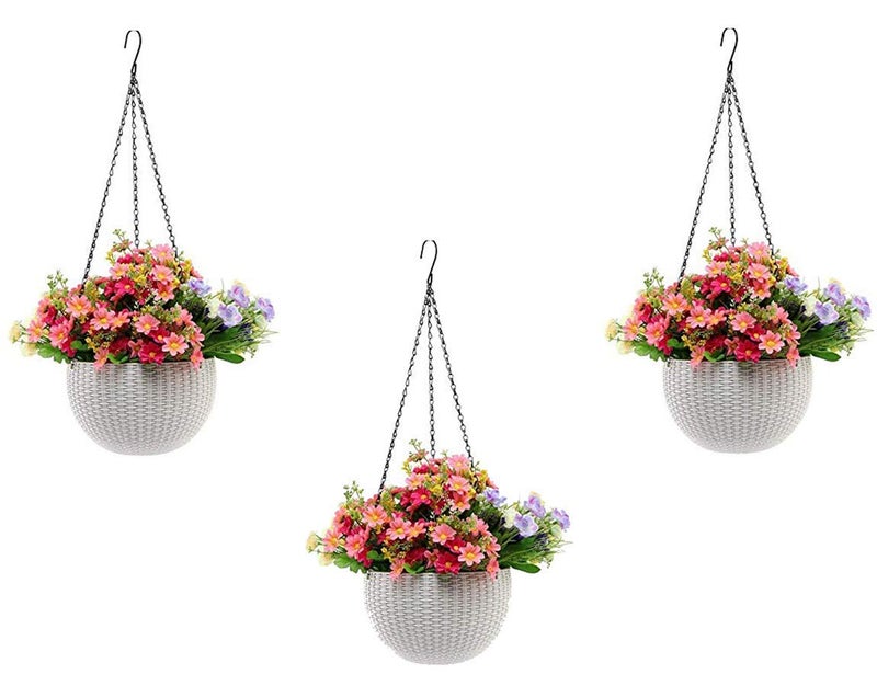Bianco Round Rattan Woven Hanging Planters with Hanging Chain, Hanging Pots for Plants Balcony (White, Set of 3, 7.1x4.8 Inch) - Image 1