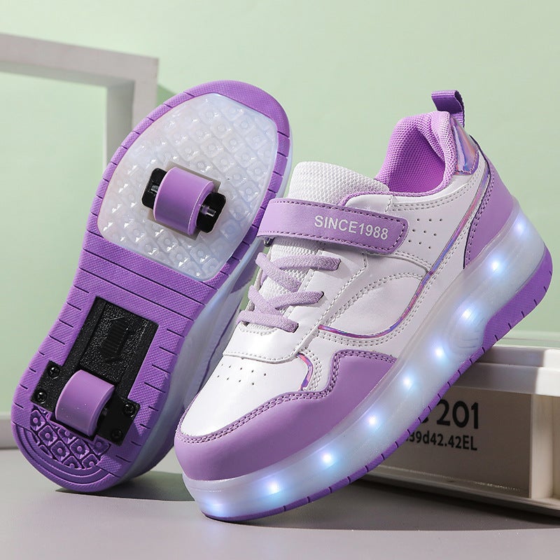 Cross-border direct sales high-looking walking shoes boys and girls rechargeable flash skate shoes student double-wheel skate shoes with switch 1988 purple two-wheel charging 