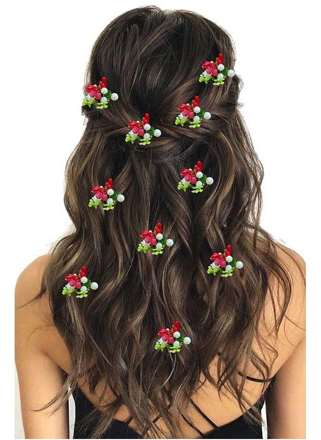 Hair Flare Women Attractive Artificial Round Shape Small Flower With Mongra Bridal Wedding Hair Accessories/Hair Pins/Juda Pins For Women And Girls 2230 Red Pack Of 10  - Image 1