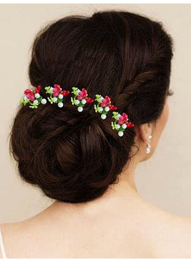 Hair Flare Women Attractive Artificial Round Shape Small Flower With Mongra Bridal Wedding Hair Accessories/Hair Pins/Juda Pins For Women And Girls 2230 Red Pack Of 10  - Image 3