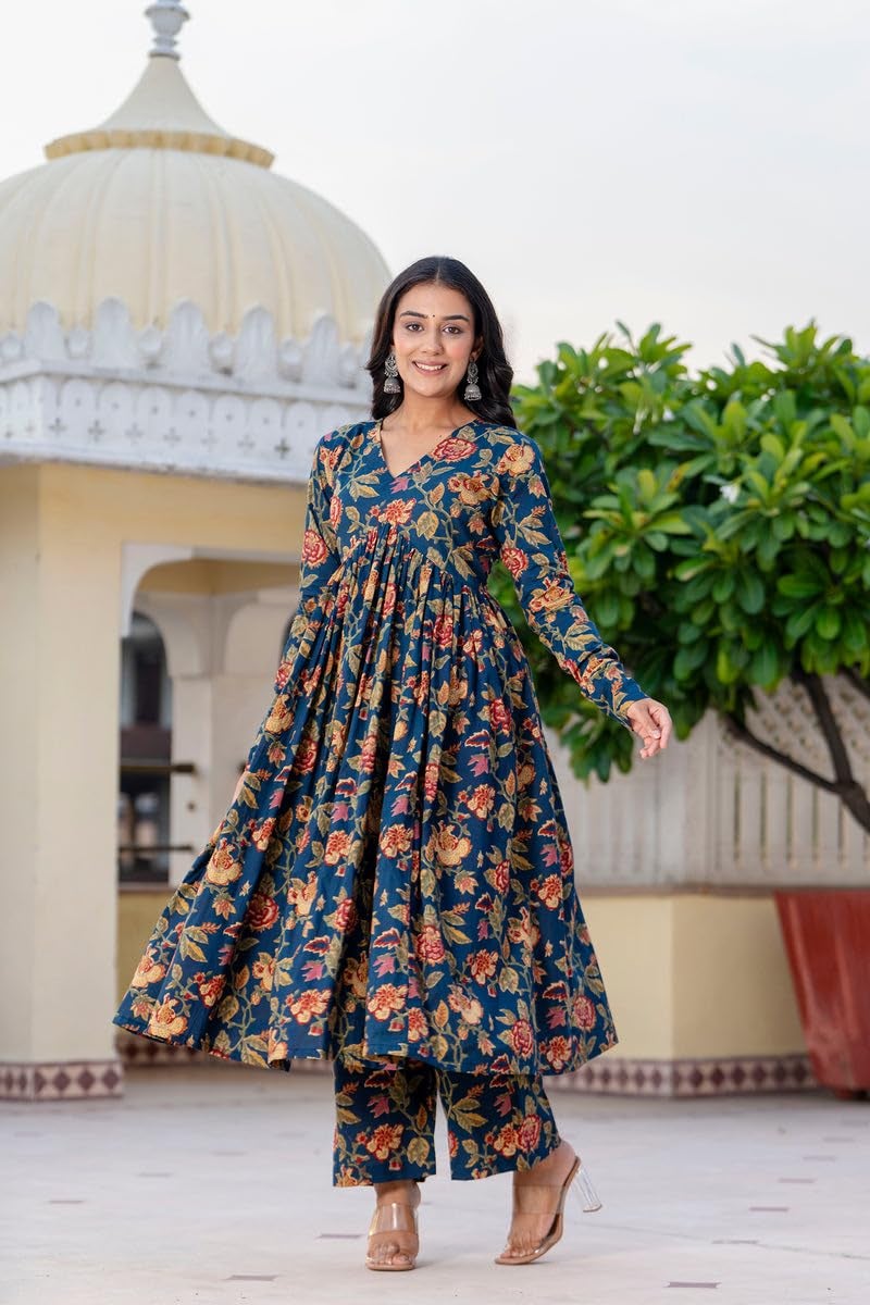 MEERA FAB Women's Cotton Blend V-Neck Anarkali Printed Kurta with Palazzo & Dupatta, 2XL, Blue - Image 5