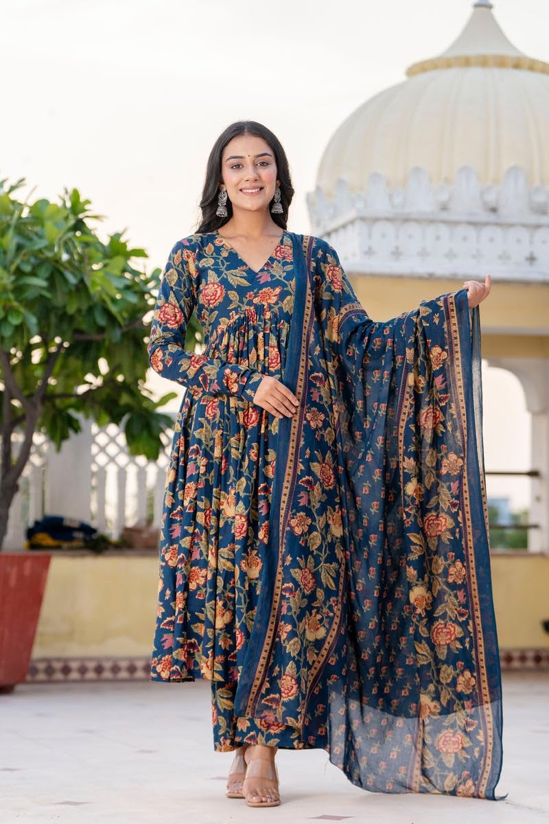 MEERA FAB Women's Cotton Blend V-Neck Anarkali Printed Kurta with Palazzo & Dupatta, 2XL, Blue - Image 2