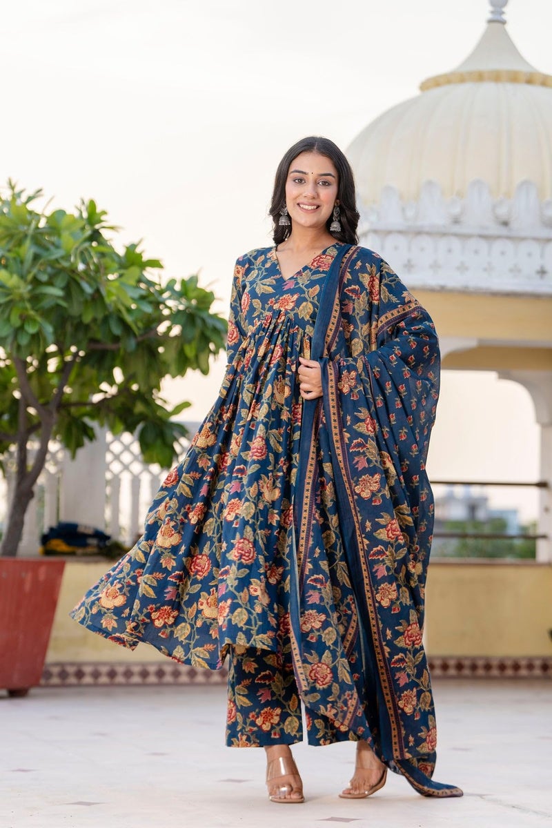 MEERA FAB Women's Cotton Blend V-Neck Anarkali Printed Kurta with Palazzo & Dupatta, 2XL, Blue - Image 4