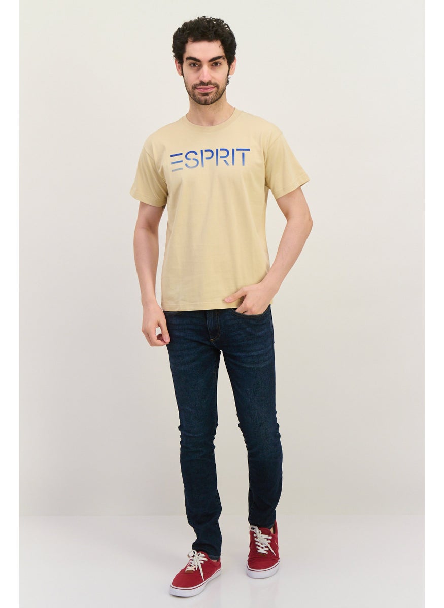 ESPRIT Men Crew Neck Short Sleeves Brand Logo T-Shirt, Beige  - Image 2