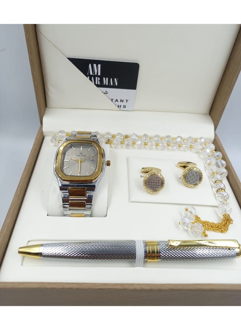 ANEMAR MAN A high-quality, elegant men's gift set including a watch, pen, prayer beads, cufflinks, and a silver and gold bracelet with a gray dial.