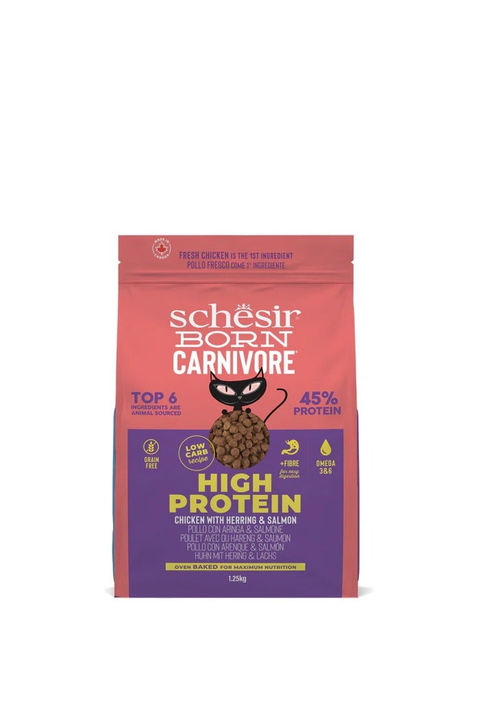 Schesir Born Carnivore Grain Free Cat Food – Oven Baked, High Protein – Chicken with Herring & Salmon – 1.25kg – 45% Animal Protein, Low Carb, Grain Free, Omega 3 & 6, Made in Canada - Image 1