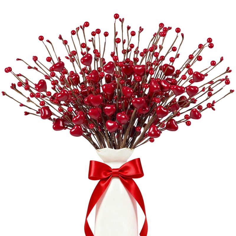 zjlmit Valentine's Day Decorations 24 Pack Valentines Day Picks 17 Inch Red Heart Picks with Heart Shaped Berry for Valentine Anniversary Wedding Candlelight Dinner - Image 1