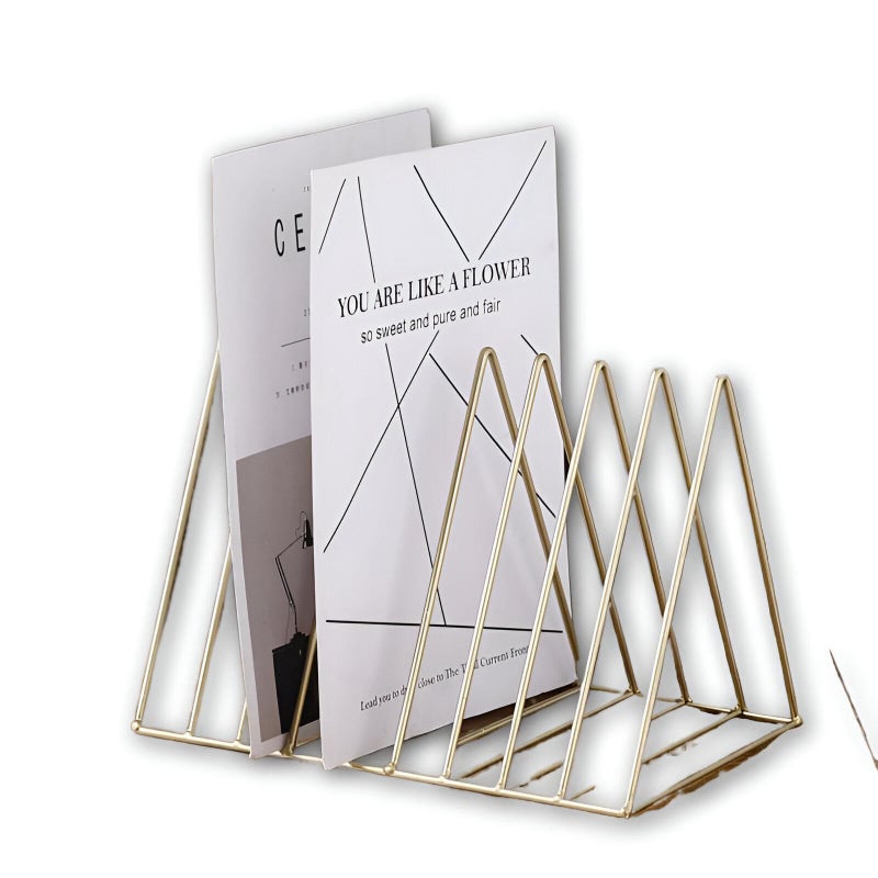 Metal Document - Durable metal document holder designed with a tri-shelf triangular layout to efficiently organize magazines, books, files, and decorative items in contemporary spaces. (golden) - Image 1