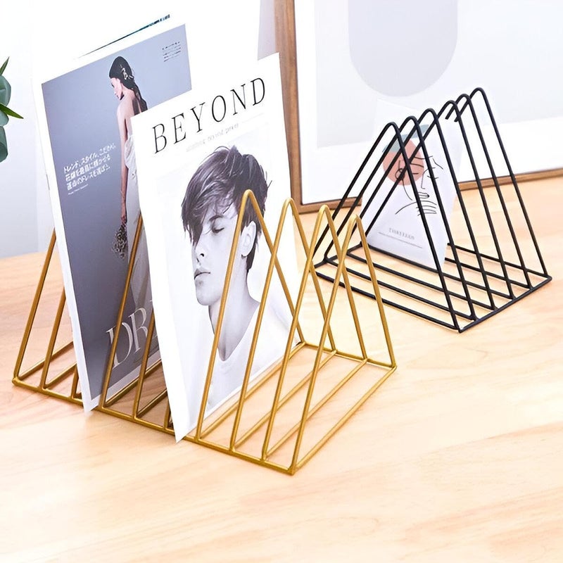 Metal Document - Durable metal document holder designed with a tri-shelf triangular layout to efficiently organize magazines, books, files, and decorative items in contemporary spaces. (golden) - Image 2