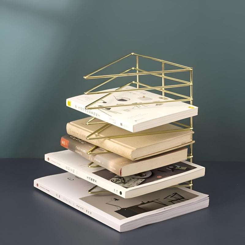 Metal Document - Durable metal document holder designed with a tri-shelf triangular layout to efficiently organize magazines, books, files, and decorative items in contemporary spaces. (golden) - Image 3