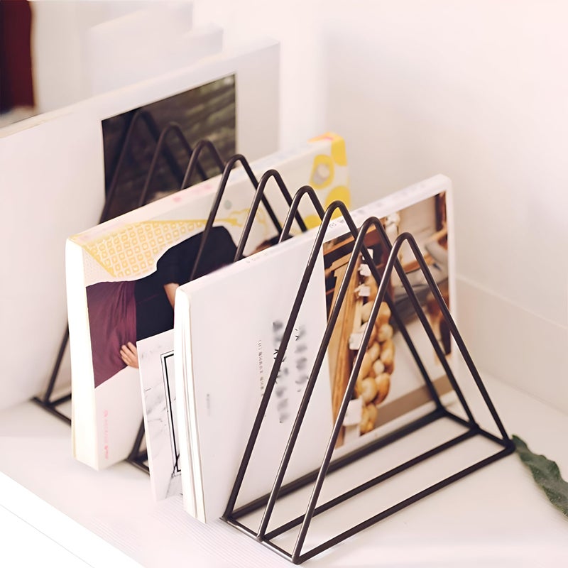 Metal Document - Durable metal document holder designed with a tri-shelf triangular layout to efficiently organize magazines, books, files, and decorative items in contemporary spaces. (golden) - Image 5