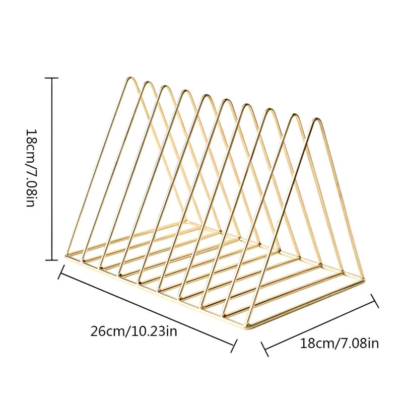 Metal Document - Durable metal document holder designed with a tri-shelf triangular layout to efficiently organize magazines, books, files, and decorative items in contemporary spaces. (golden) - Image 4