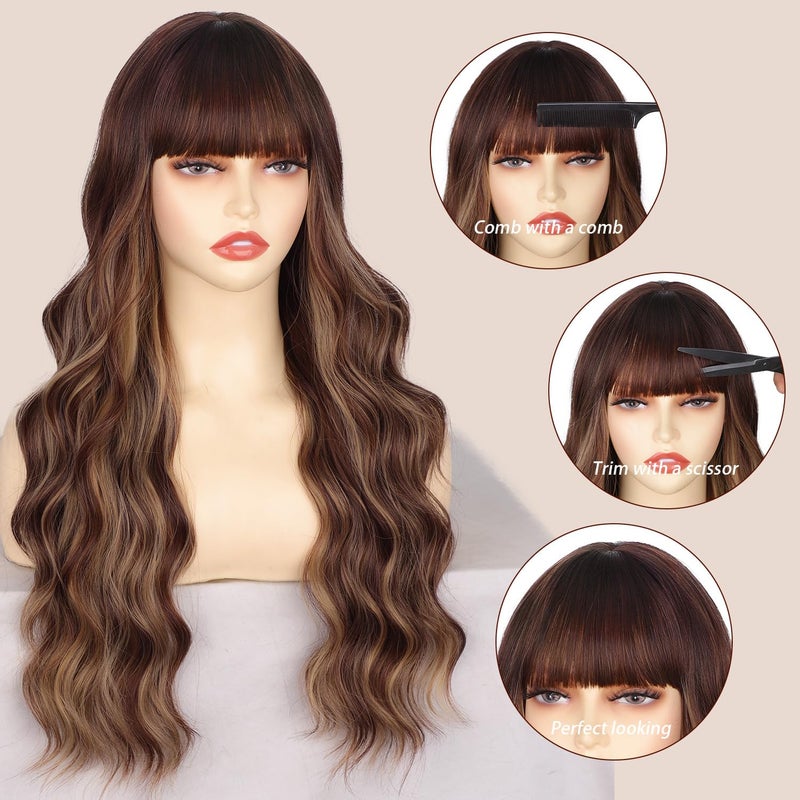 Lativ Brown Wig With Bangs Long Wavy Brown Mixed Blonde Highlight Wig with Dark Roots Ombre Natural Curly Synthetic Resistant Fiber Wigs for Women Daily Party Use 26 Inches - Image 4
