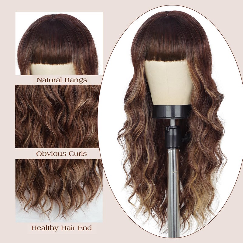 Lativ Brown Wig With Bangs Long Wavy Brown Mixed Blonde Highlight Wig with Dark Roots Ombre Natural Curly Synthetic Resistant Fiber Wigs for Women Daily Party Use 26 Inches - Image 3