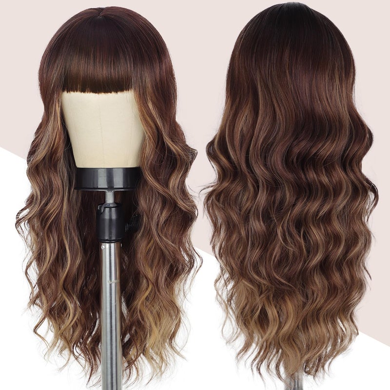 Lativ Brown Wig With Bangs Long Wavy Brown Mixed Blonde Highlight Wig with Dark Roots Ombre Natural Curly Synthetic Resistant Fiber Wigs for Women Daily Party Use 26 Inches - Image 2