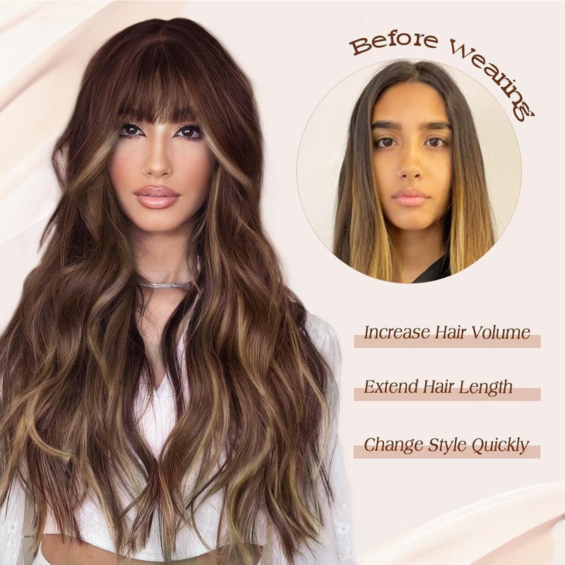 Lativ Brown Wig With Bangs Long Wavy Brown Mixed Blonde Highlight Wig with Dark Roots Ombre Natural Curly Synthetic Resistant Fiber Wigs for Women Daily Party Use 26 Inches - Image 5