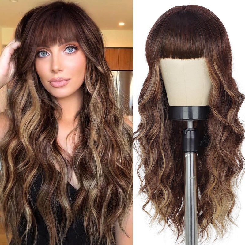 Lativ Brown Wig With Bangs Long Wavy Brown Mixed Blonde Highlight Wig with Dark Roots Ombre Natural Curly Synthetic Resistant Fiber Wigs for Women Daily Party Use 26 Inches - Image 1