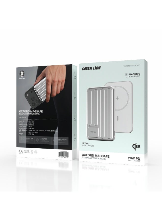 GREEN LION 5000mAh Oxford Mag Safe Power Bank, Ultra Slim Design Compatible with MagSafe & Qi2 Technology, 20W PD Fast Charging, 15W Wireless Charging, Flight Approved, Compact & Slim Design PowerBank Compatible with iPhone 14/15/16/17 Series and Android Smart Phones - Silver - Image 3