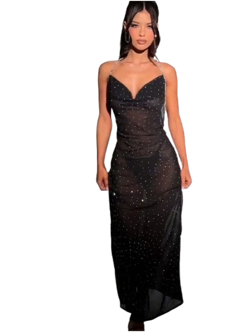 MANIKAN Women Lingerie set Long sheer Black with Rhinestone Straps  - Image 1
