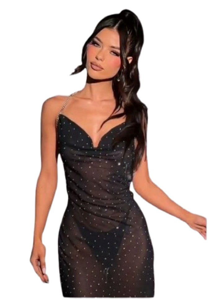 MANIKAN Women Lingerie set Long sheer Black with Rhinestone Straps  - Image 3