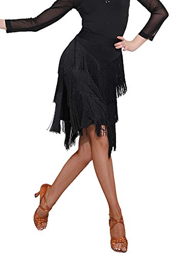 ZX Z&X Women's Ballroom Latin Tango Slasa Dance Skirt Fringe Split Leg Halloween Party Dance Dress with Shorts, Black, Tag XL, Fit US 10-12 - Image 1