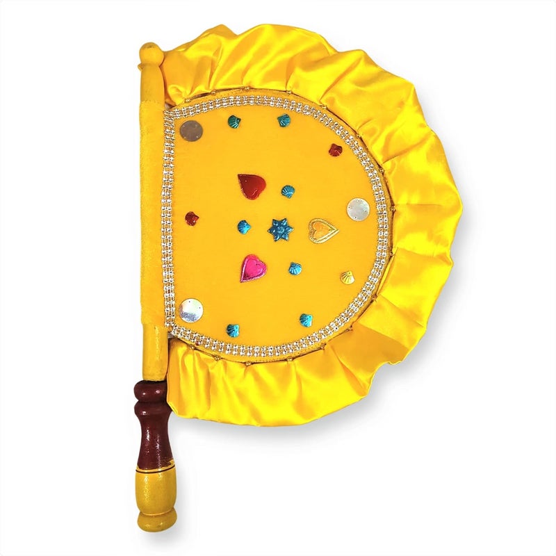 Velvet Cloth Hand Made Beautiful Traditional Yellow Color Hand Fan with Wooden Handle Work for Cool Air Home Decor Travel use  - Image 1