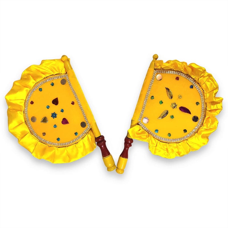 Velvet Cloth Hand Made Beautiful Traditional Yellow Color Hand Fan with Wooden Handle Work for Cool Air Home Decor Travel use  - Image 3