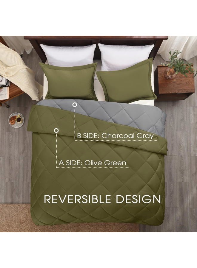 Basic Beyond Queen Comforter Set - Olive Green Comforter Set Queen, Reversible Bed Comforter Queen Set for All Seasons, Olive Green/Charcoal Gray, 1 Comforter (88"x92") and 2 Pillow Shams (20"x26"+2") - Image 3
