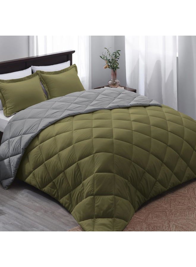 Basic Beyond Queen Comforter Set - Olive Green Comforter Set Queen, Reversible Bed Comforter Queen Set for All Seasons, Olive Green/Charcoal Gray, 1 Comforter (88"x92") and 2 Pillow Shams (20"x26"+2") - Image 1
