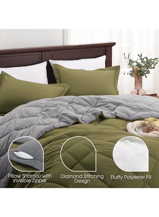 Basic Beyond Queen Comforter Set - Olive Green Comforter Set Queen, Reversible Bed Comforter Queen Set for All Seasons, Olive Green/Charcoal Gray, 1 Comforter (88"x92") and 2 Pillow Shams (20"x26"+2") - Image 4