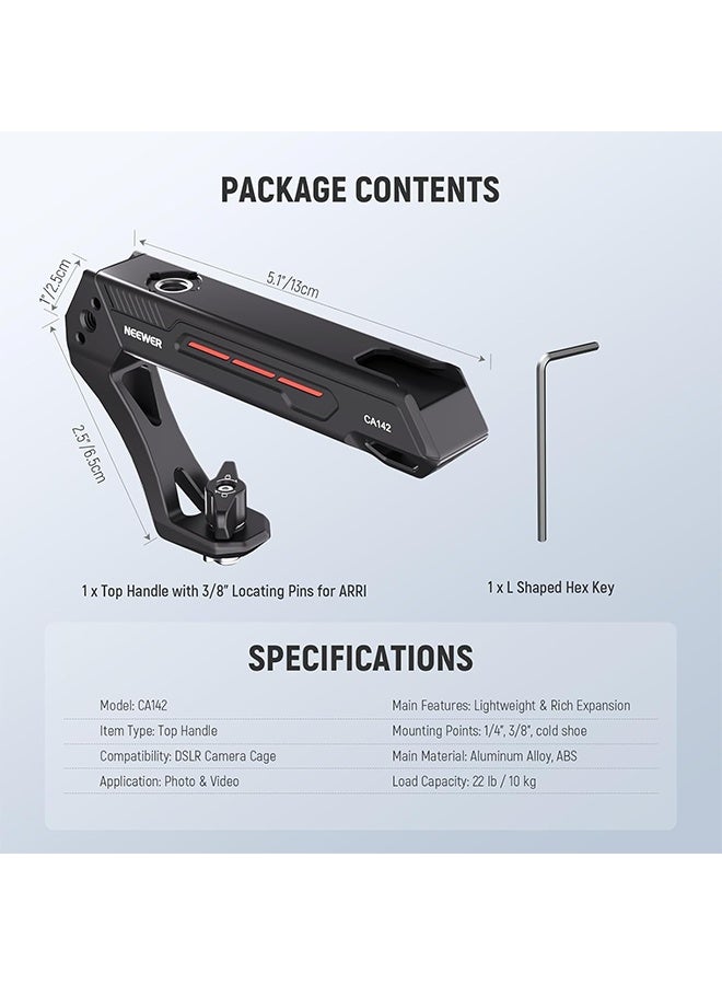 NEEWER BASIC Lightweight Camera Top Handle with 3/8" Locating Pin for ARRI, High Strength Cage Plastic Handle Grip w/ 1/4" 3/8" Screw Holes & Cold Shoe Mounts for Video Light Mic, Max Load 22lb, CA142 - Image 2