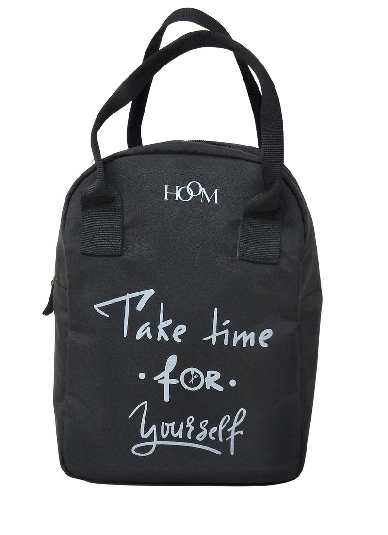 HOOM Insulated Travel Lunch Bag/Tiffin Bag/Storage Bag for Office, College, School, Picnic, Work,etc. Polyester Made with Quotes, Black, Take Time for Yourself - Image 1