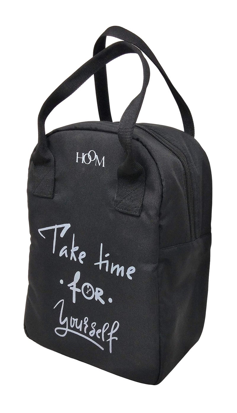 HOOM Insulated Travel Lunch Bag/Tiffin Bag/Storage Bag for Office, College, School, Picnic, Work,etc. Polyester Made with Quotes, Black, Take Time for Yourself - Image 2
