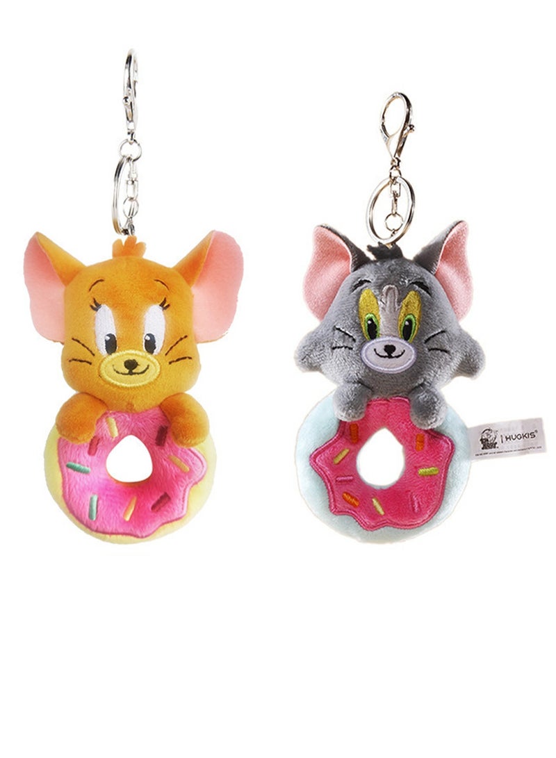 2-Piece Tom-Cat with Jerry-Mouse Stuffed Plush Toy Backpack Shoulder Bag Accessory Stuffed Animal Keychain Birthday Gift for Girls and Boys（12cm-Donut Style） - Image 1