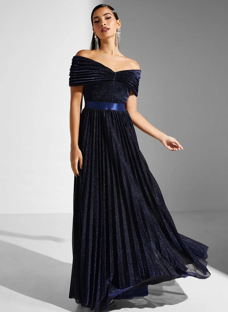 Goddiva Pleated Off-Shoulder Dress