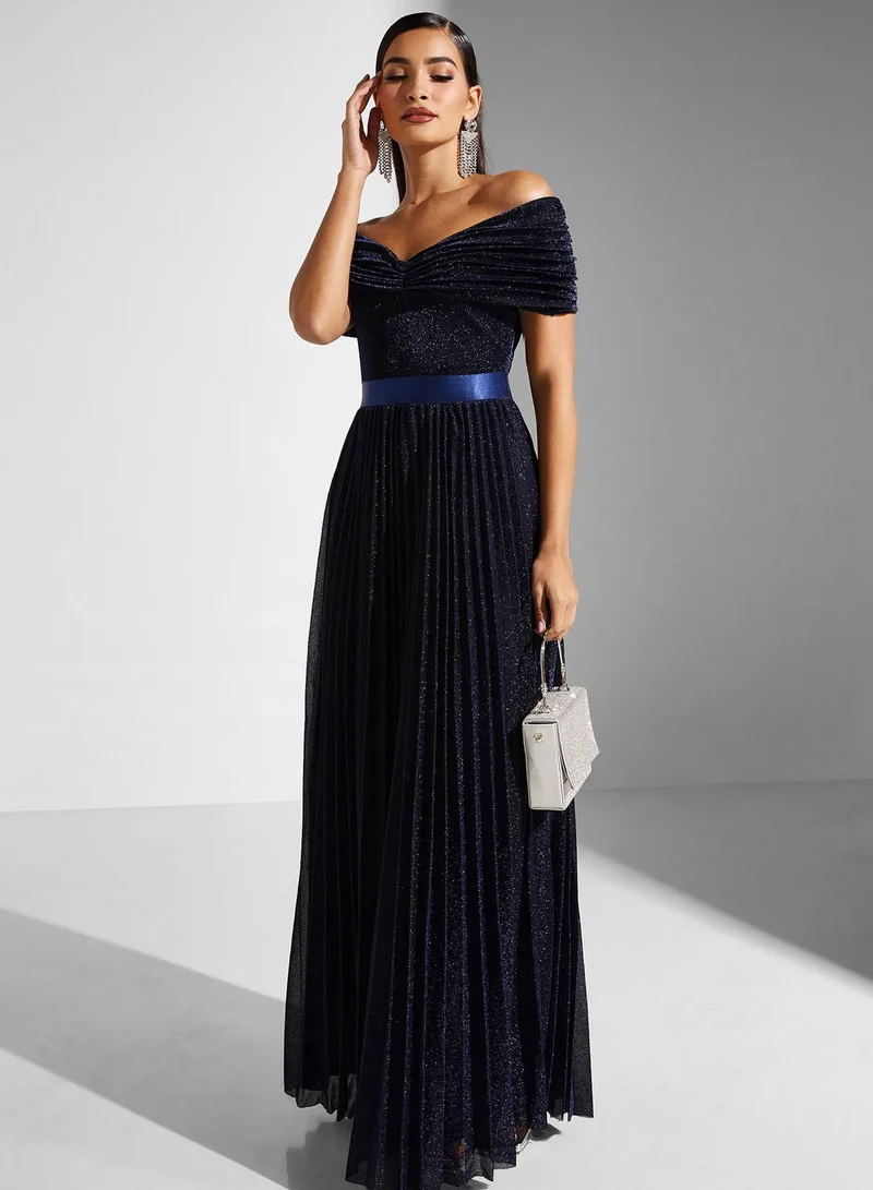 Goddiva Pleated Off-Shoulder Dress