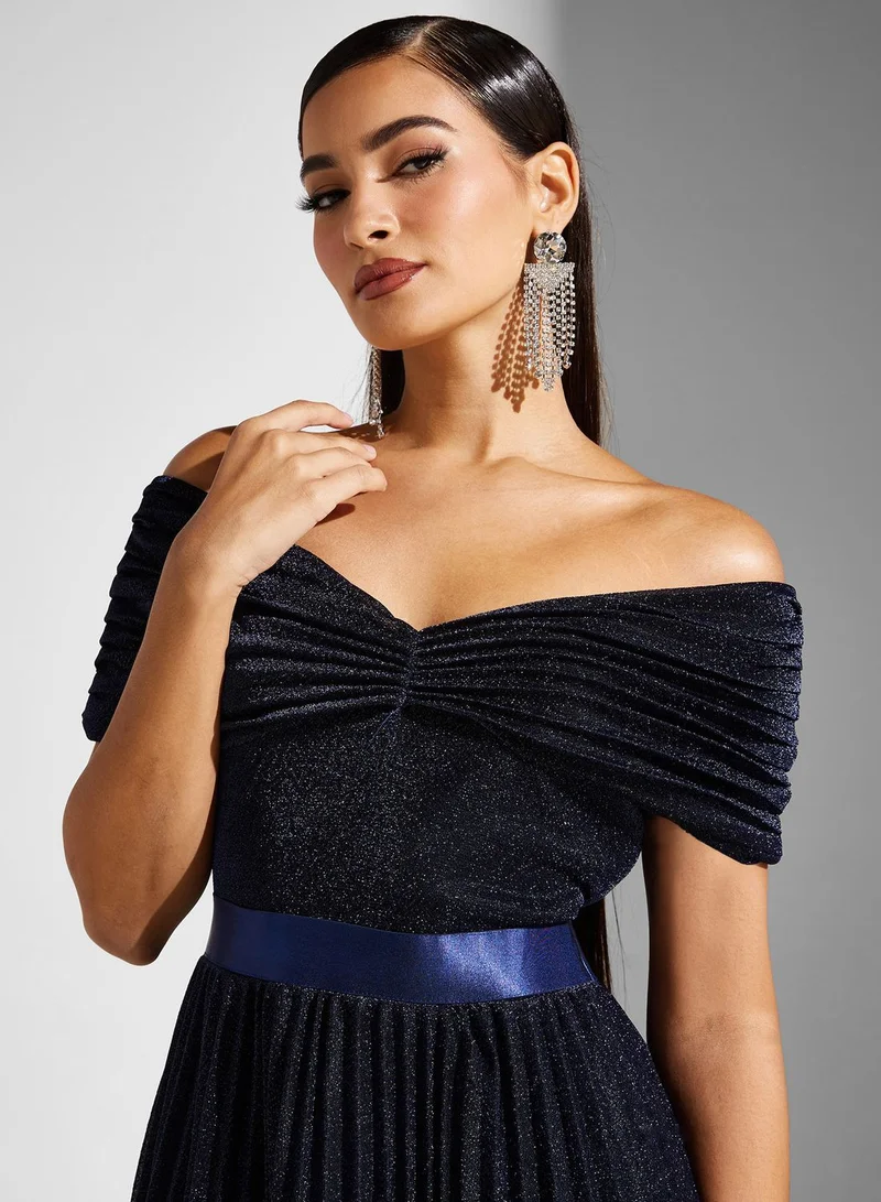 Goddiva Pleated Off-Shoulder Dress