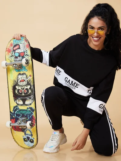 جلو باص Women Typography Printed Boxy Fit Sweatshirt & Joggers Co-Ord Set