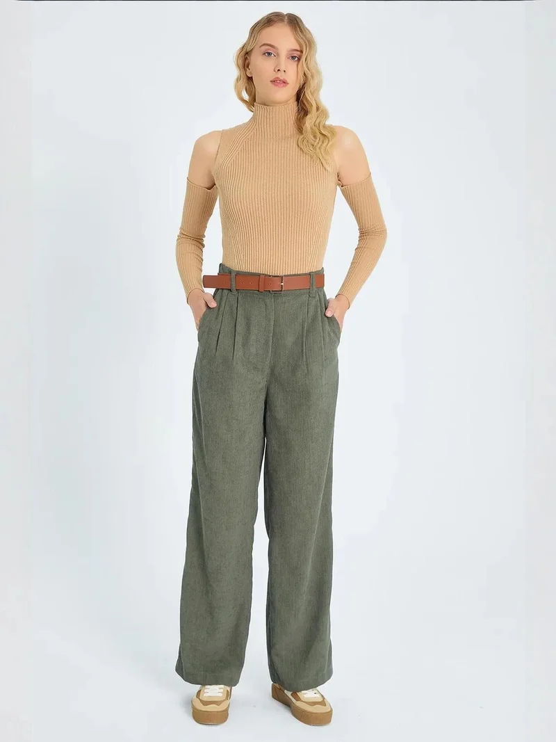 MixRay Khaki Green Mixray High Waist Velvet Straight Leg Pants for Women | Best Price UAE