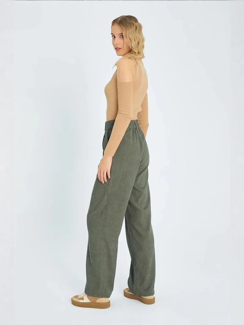 MixRay Khaki Green Mixray High Waist Velvet Straight Leg Pants for Women | Best Price UAE