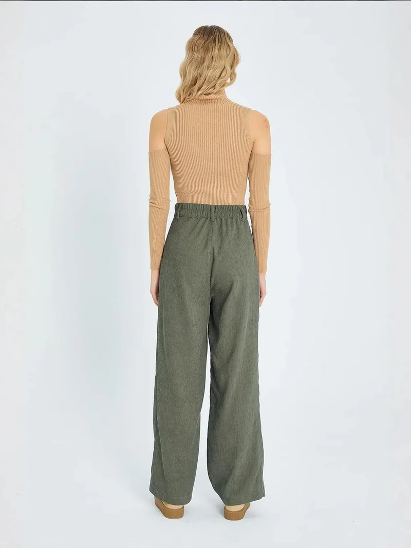 MixRay Khaki Green Mixray High Waist Velvet Straight Leg Pants for Women | Best Price UAE