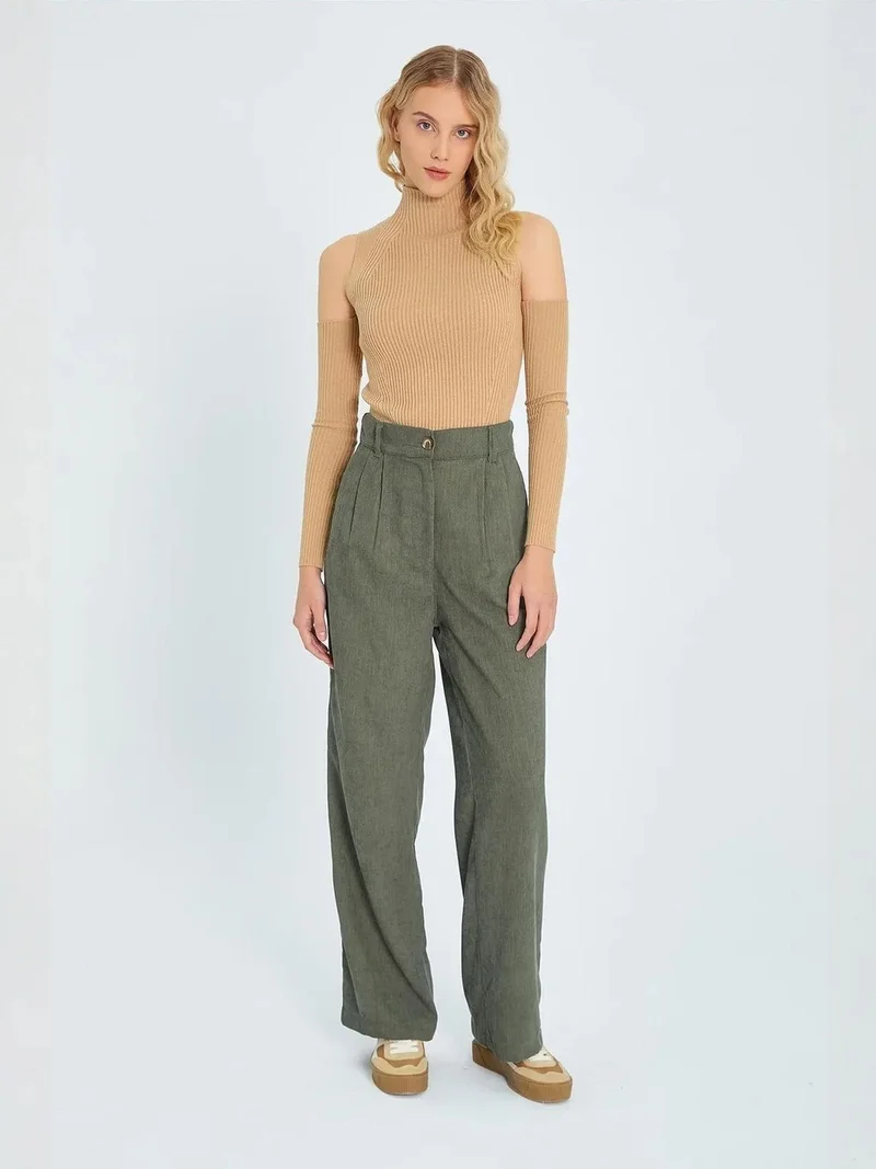 Mixray Khaki Green Mixray High-Waist Straight-Leg Velvet Trousers for Women | Best Price UAE