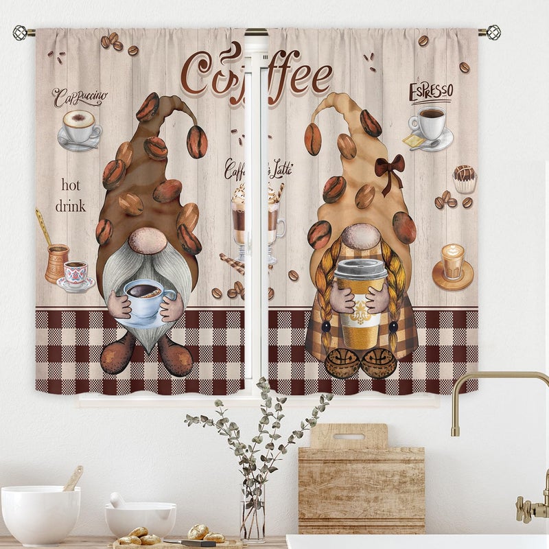 Cinbloo Dwarfs Coffee Kitchen Curtains 27.5Wx39H Inch Rod Pocket Funny Gnomes Coffee Curtains for Kitchen Vintage Cafe Bar Decor Brown Beige Buffalo Plaid Small Short Window Drapes Fabric 2 Panels - Image 1
