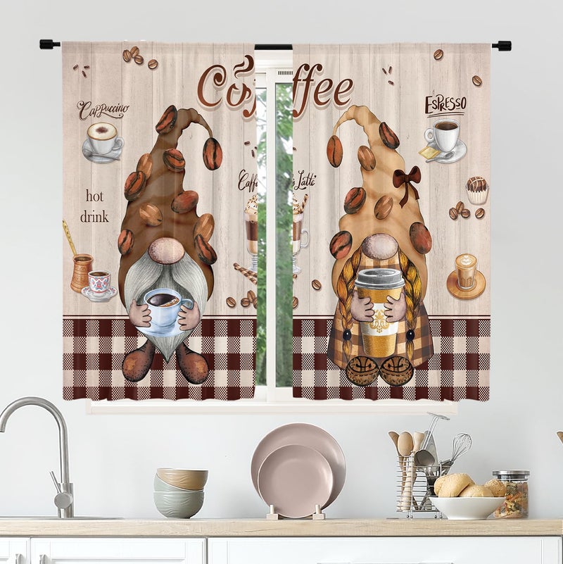 Cinbloo Dwarfs Coffee Kitchen Curtains 27.5Wx39H Inch Rod Pocket Funny Gnomes Coffee Curtains for Kitchen Vintage Cafe Bar Decor Brown Beige Buffalo Plaid Small Short Window Drapes Fabric 2 Panels - Image 2